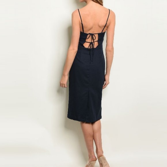 Linen Cotton Cut Out Tie Back Sheath Dress Navy - Picture 2 of 10